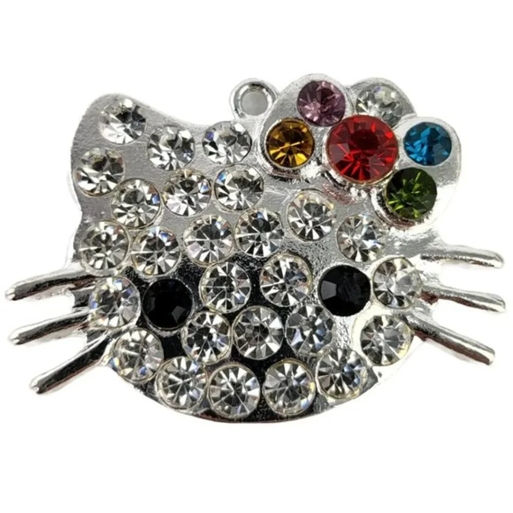 Hello‎ Kitty Silver Red Blue Rhinestone Bling Large Pendant 1.25 x 1.75in